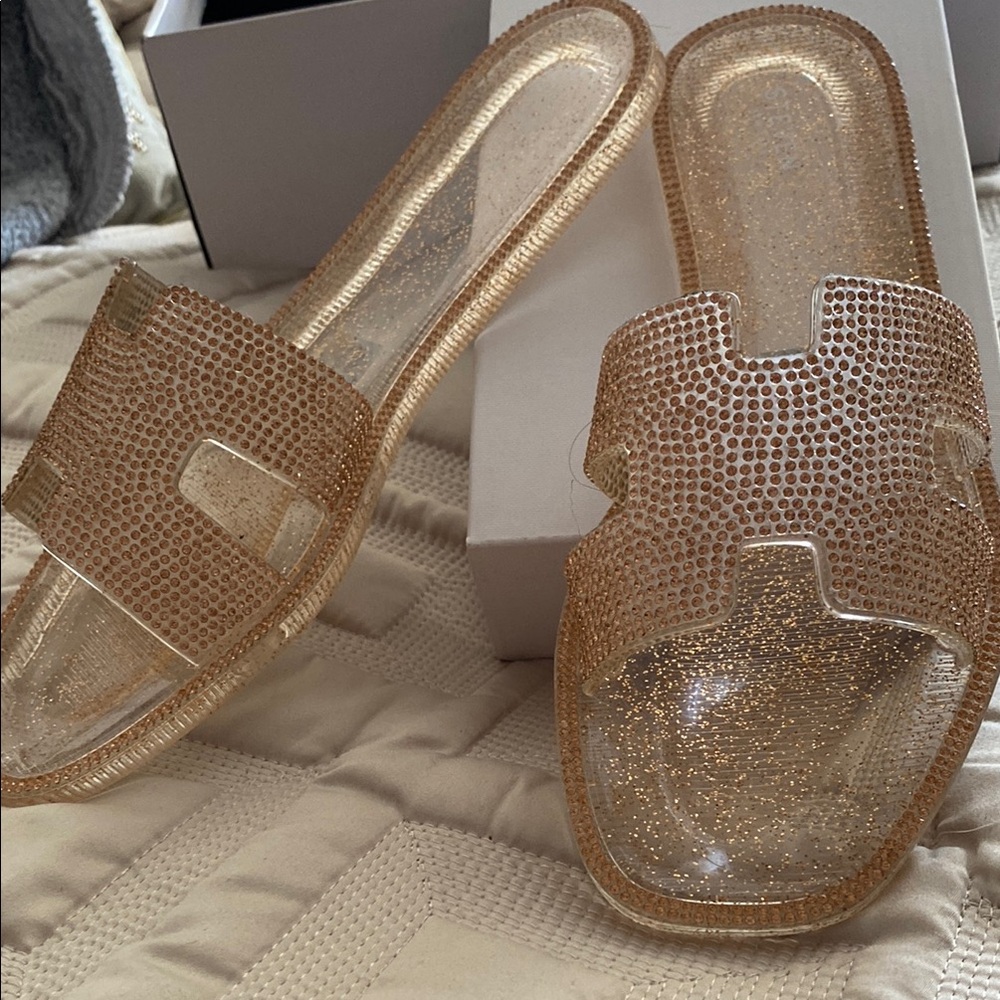 Gold Rhinestone Embellished Slide Sandals